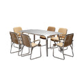 Moderne Eettafel met Stalen Onderstel en Zes Leren Stoelen