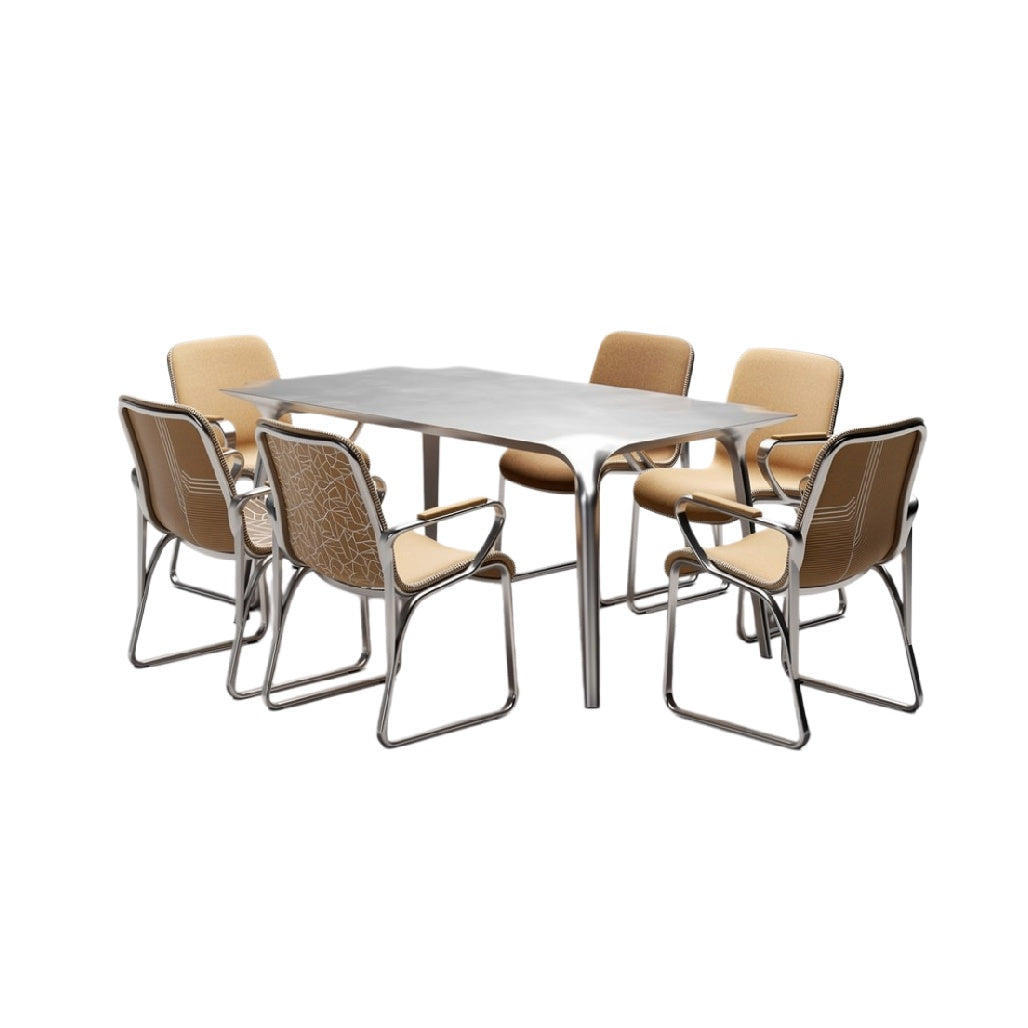 Moderne Eettafel met Stalen Onderstel en Zes Leren Stoelen
